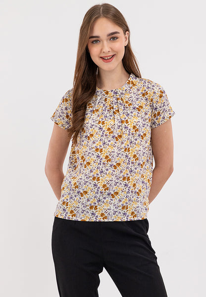Classic Floral Print High Round Neck Short Sleeve Blouse Top