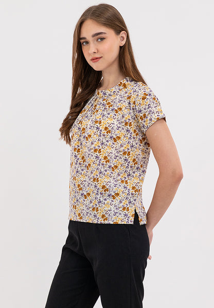 Classic Floral Print High Round Neck Short Sleeve Blouse Top