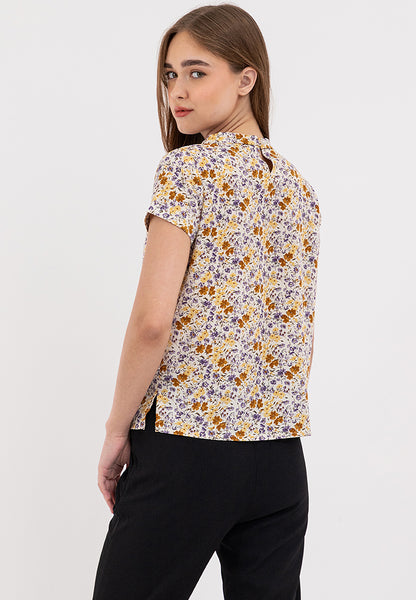 Classic Floral Print High Round Neck Short Sleeve Blouse Top