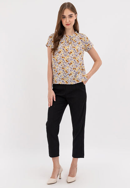 Classic Floral Print High Round Neck Short Sleeve Blouse Top