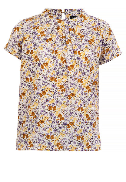 Classic Floral Print High Round Neck Short Sleeve Blouse Top