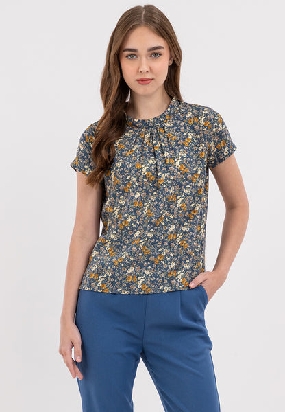 Classic Floral Print High Round Neck Short Sleeve Blouse Top