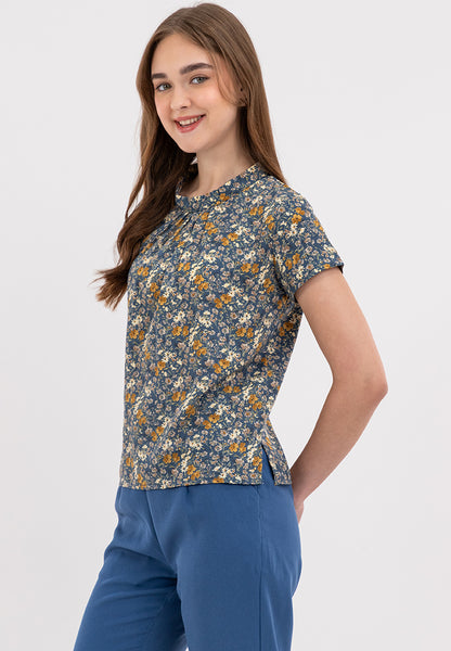 Classic Floral Print High Round Neck Short Sleeve Blouse Top