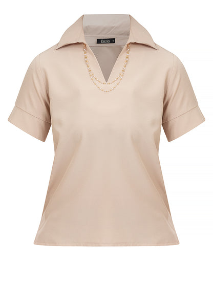 Krizia Collared V-Neck Blouse Top with Decorative Necklace