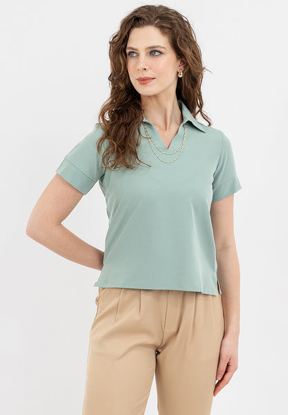 Krizia Collared V-Neck Blouse Top with Decorative Necklace