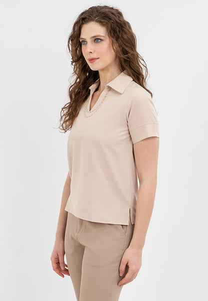Krizia Collared V-Neck Blouse Top with Decorative Necklace