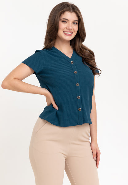 Krizia Waffle V Neck Button Down Blouse Top