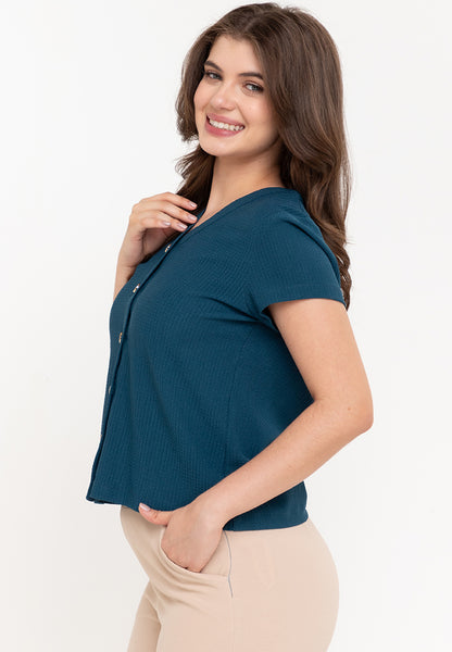 Krizia Waffle V Neck Button Down Blouse Top