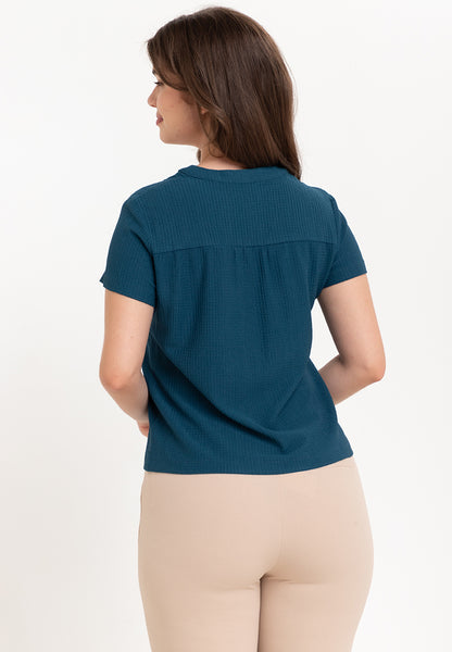 Krizia Waffle V Neck Button Down Blouse Top