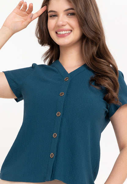 Krizia Waffle V Neck Button Down Blouse Top