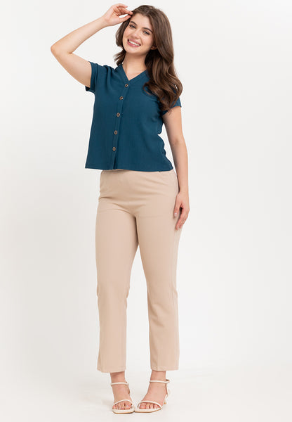 Krizia Waffle V Neck Button Down Blouse Top