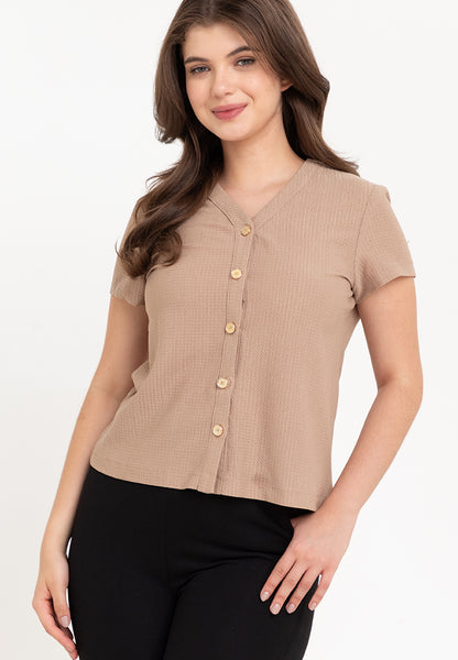 Krizia Waffle V Neck Button Down Blouse Top
