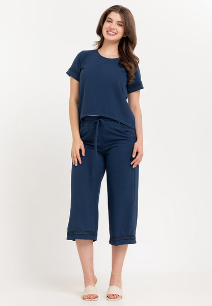 Krizia Back Slit Blouse with Trimmings and Crystal Necklace and Garter Waist Square Pants Set