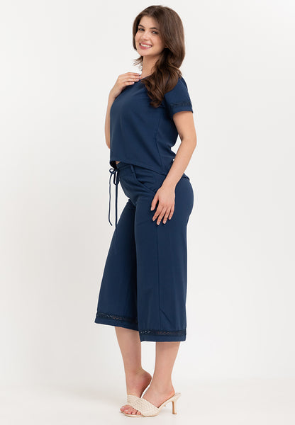 Krizia Back Slit Blouse with Trimmings and Crystal Necklace and Garter Waist Square Pants Set