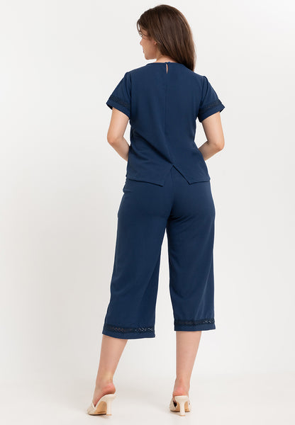 Krizia Back Slit Blouse with Trimmings and Crystal Necklace and Garter Waist Square Pants Set