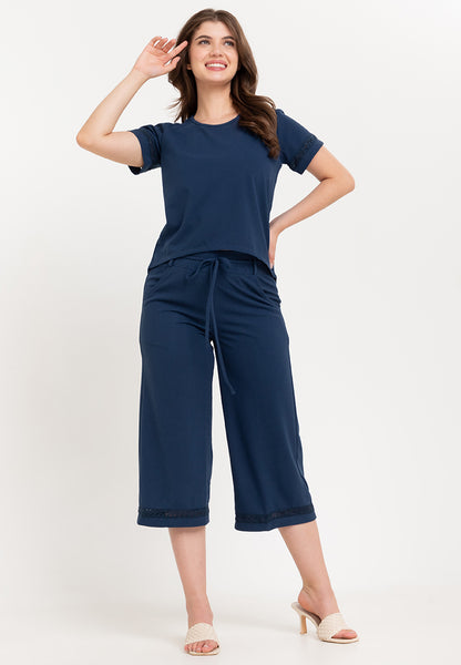 Krizia Back Slit Blouse with Trimmings and Crystal Necklace and Garter Waist Square Pants Set