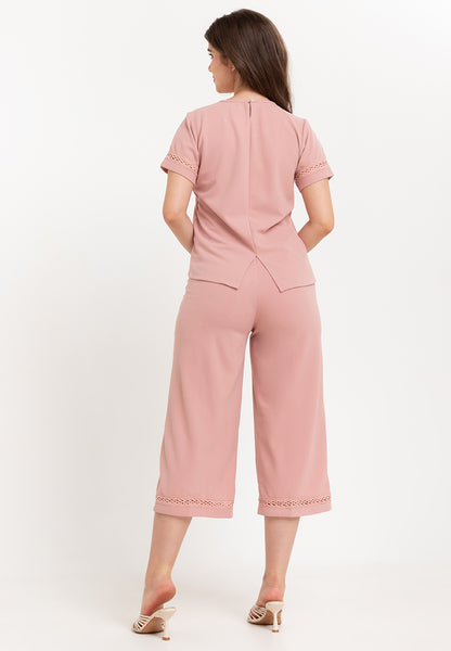 Krizia Back Slit Blouse with Trimmings and Crystal Necklace and Garter Waist Square Pants Set