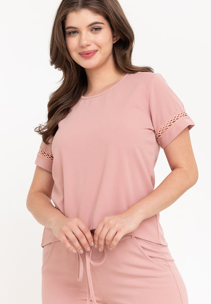 Krizia Back Slit Blouse with Trimmings and Crystal Necklace and Garter Waist Square Pants Set