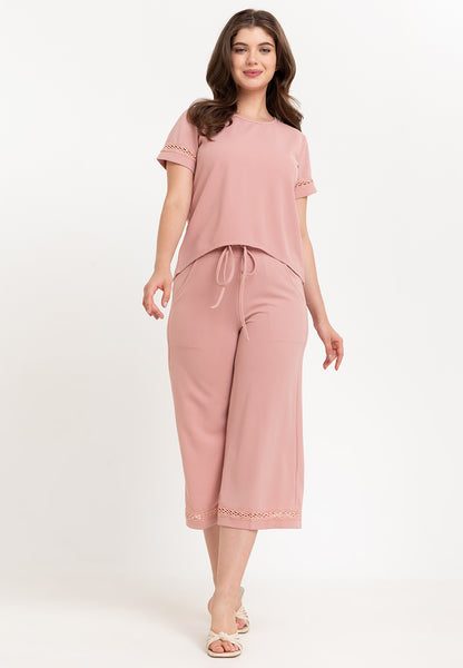 Krizia Back Slit Blouse with Trimmings and Crystal Necklace and Garter Waist Square Pants Set