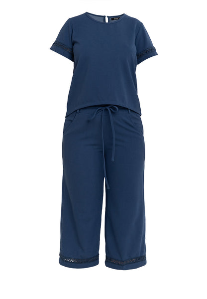 Krizia Back Slit Blouse with Trimmings and Crystal Necklace and Garter Waist Square Pants Set