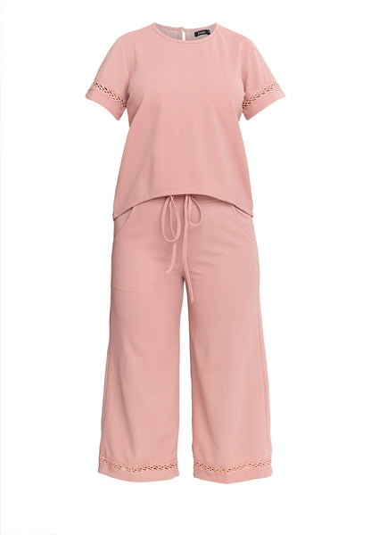 Krizia Back Slit Blouse with Trimmings and Crystal Necklace and Garter Waist Square Pants Set