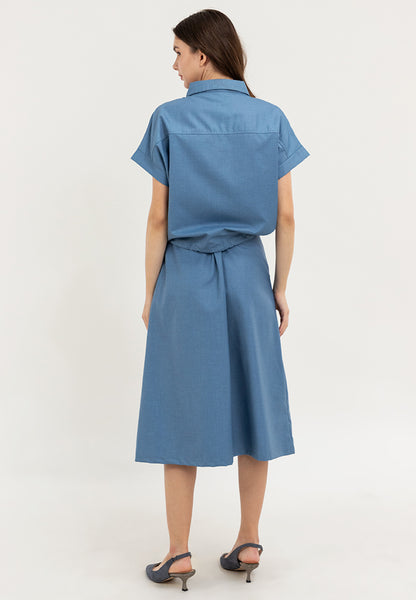 Krizia Button Down Collared Crop Shirt & Pleated Midi Skirt