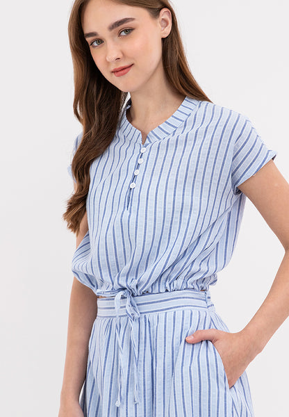 Chic and Casual Two-pieces Buttoned Placket Tie Hem Top and Gathered Waistband Skirt