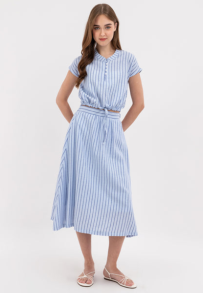 Chic and Casual Two-pieces Buttoned Placket Tie Hem Top and Gathered Waistband Skirt