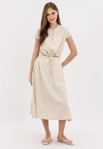 Chic and Casual Two-pieces Buttoned Placket Tie Hem Top and Gathered Waistband Skirt