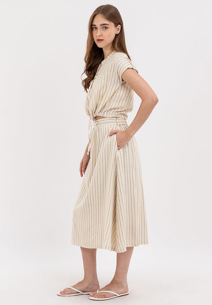 Chic and Casual Two-pieces Buttoned Placket Tie Hem Top and Gathered Waistband Skirt