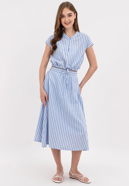 Chic and Casual Two-pieces Buttoned Placket Tie Hem Top and Gathered Waistband Skirt