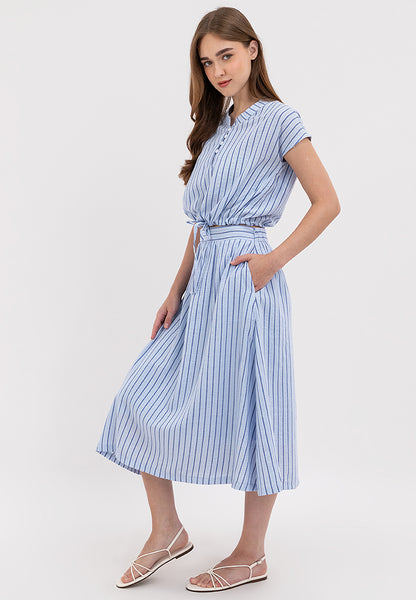 Chic and Casual Two-pieces Buttoned Placket Tie Hem Top and Gathered Waistband Skirt