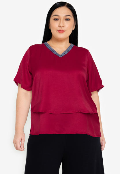 Plus Size V Neck Trimming Layered Blouse