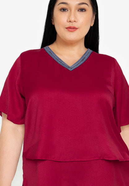 Plus Size V Neck Trimming Layered Blouse