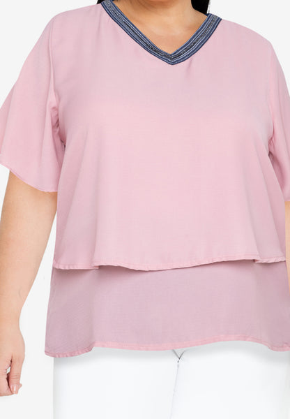 Plus Size V Neck Trimming Layered Blouse