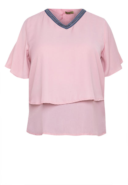 Plus Size V Neck Trimming Layered Blouse