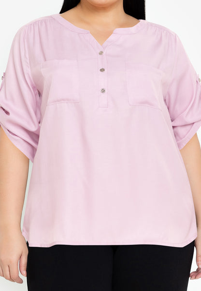 Divina Plus Size Button Down Roll Tab Sleeve Blouse Top