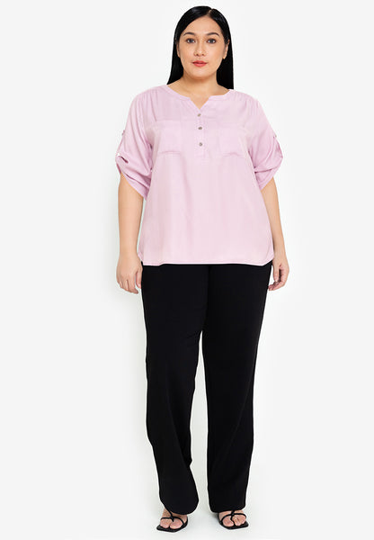 Divina Plus Size Button Down Roll Tab Sleeve Blouse Top
