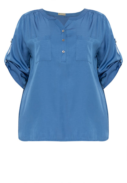 Divina Plus Size Button Down Roll Tab Sleeve Blouse Top