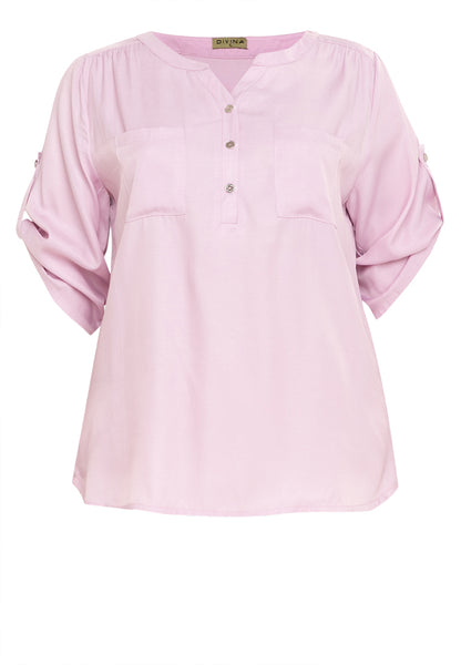 Divina Plus Size Button Down Roll Tab Sleeve Blouse Top