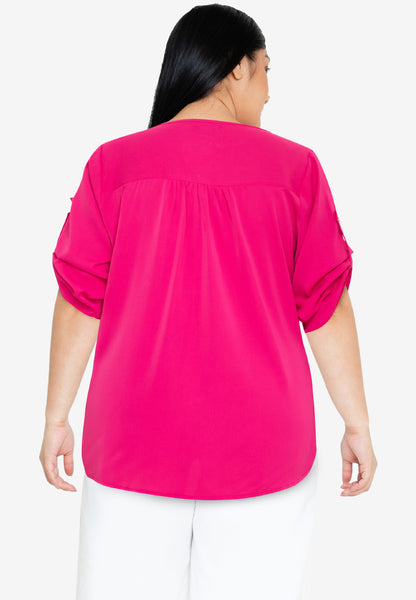 Divina Plus Size Roll Tab Sleeve Overlap Hem Blouse Top