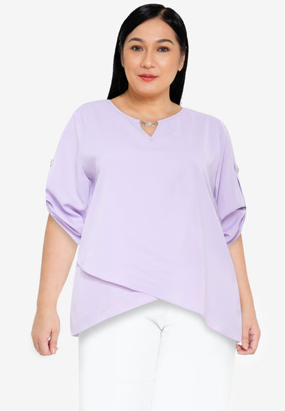 Divina Plus Size Roll Tab Sleeve Overlap Hem Blouse Top