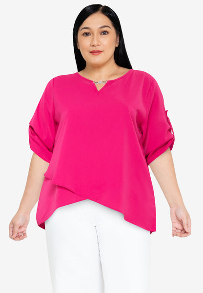 Divina Plus Size Roll Tab Sleeve Overlap Hem Blouse Top