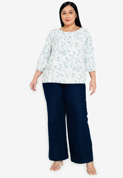 Divina Plus Size Printed Button Front 3/4  Sleeves Blouse