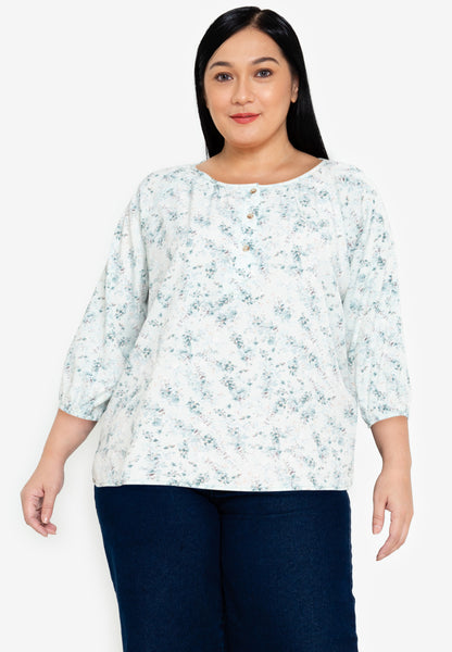 Divina Plus Size Printed Button Front 3/4  Sleeves Blouse