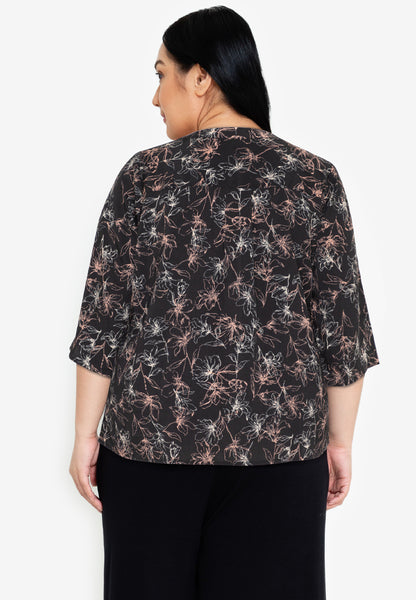 Divina Plus Size Roll Tab Sleeve V Notch Korean Style Blouse
