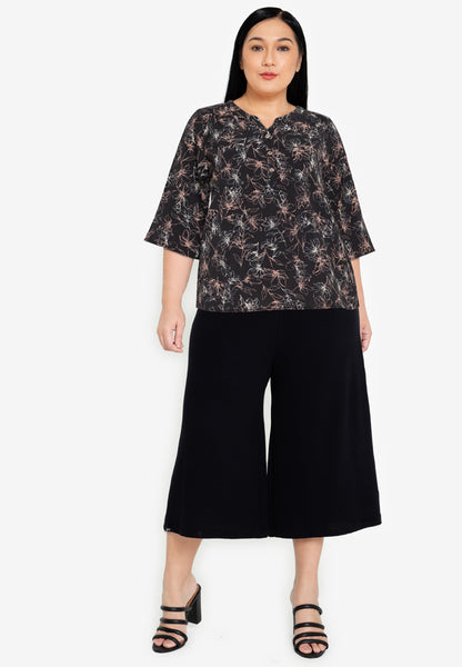 Divina Plus Size Roll Tab Sleeve V Notch Korean Style Blouse