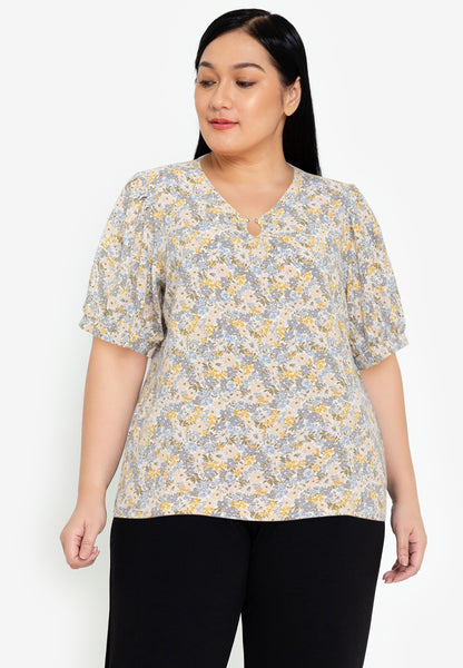 Divina Plus Size Pearl Detail Puff Sleeves Blouse Top
