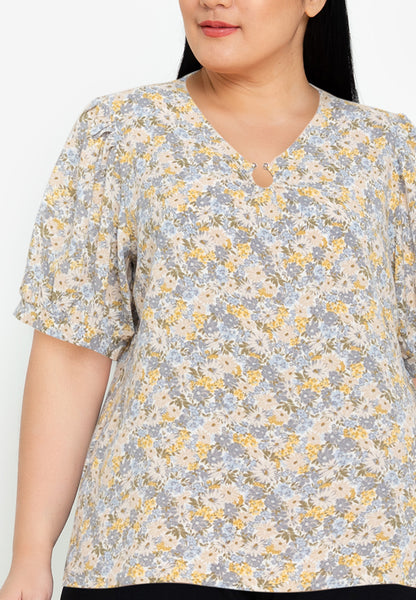 Divina Plus Size Pearl Detail Puff Sleeves Blouse Top