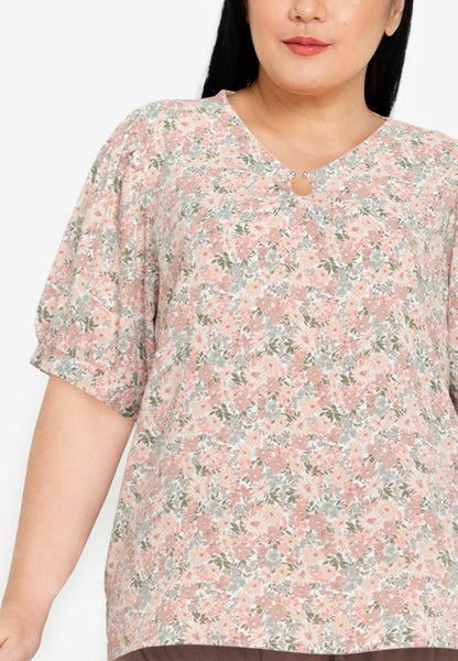 Divina Plus Size Pearl Detail Puff Sleeves Blouse Top